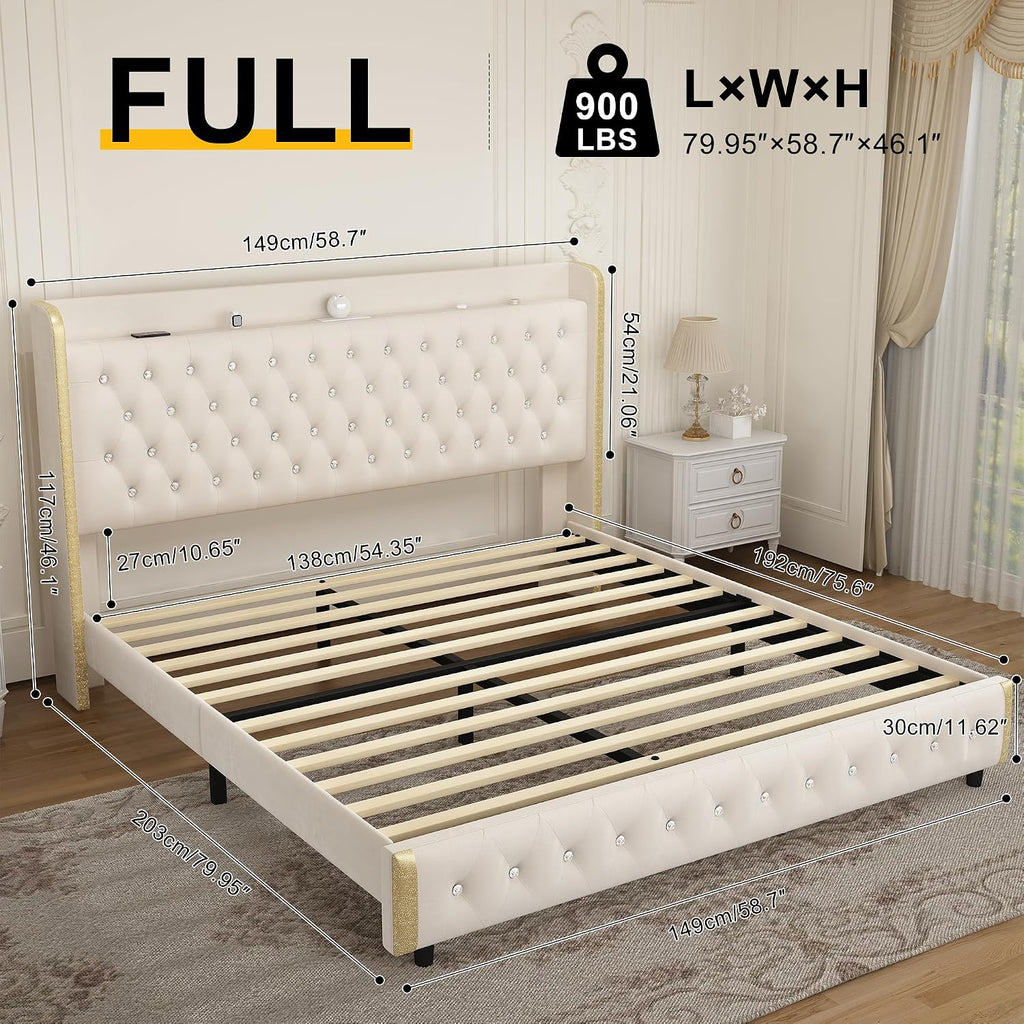 Full Modern Wingback Upholstered Platform Bed Frame with Galaxy Projector, LED Bed Frame, Sturdy Noiseless Design, Headboard with Star Accents, Simple Assembly, No Box Spring Needed, Velvet Cream