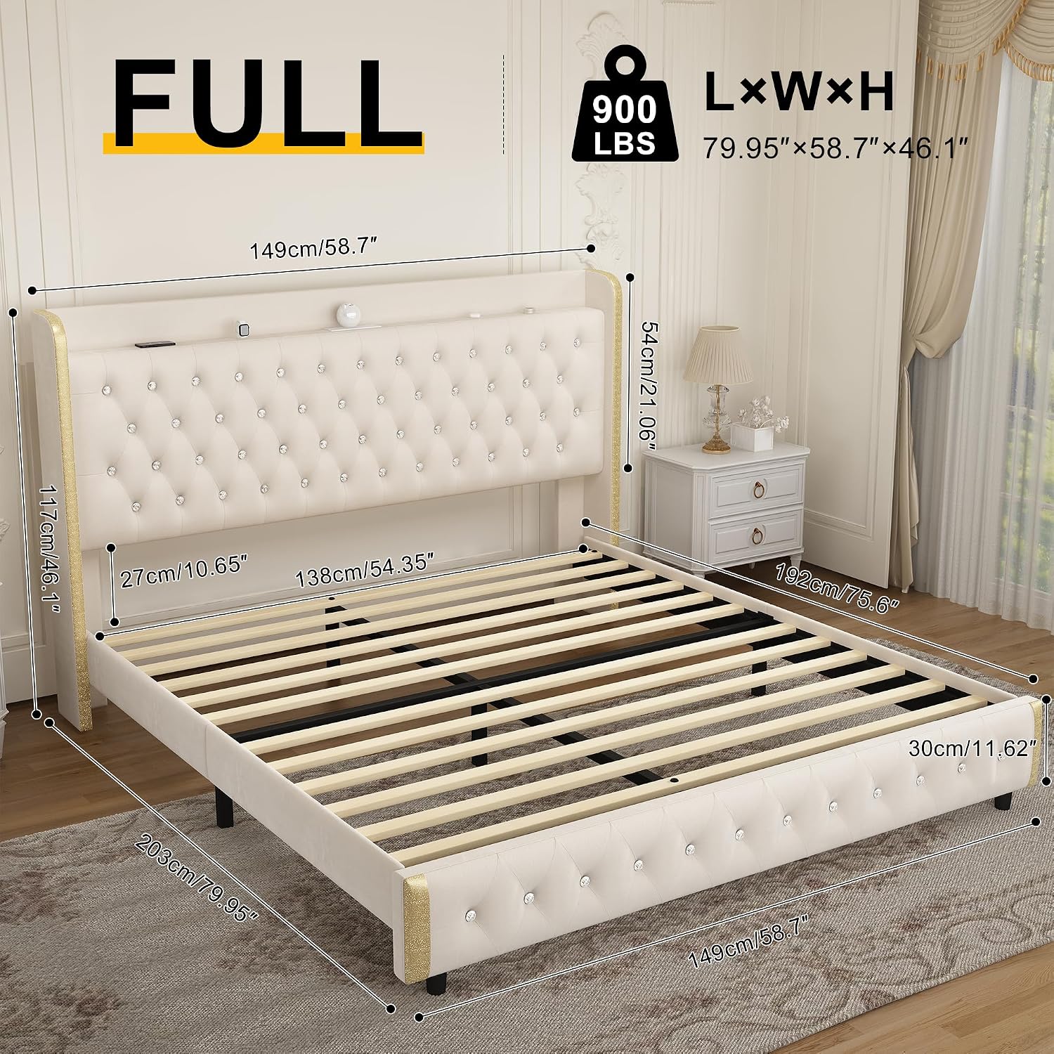 Full Modern Wingback Upholstered Platform Bed Frame with Galaxy Projector, LED Bed Frame, Sturdy Noiseless Design, Headboard with Star Accents, Simple Assembly, No Box Spring Needed, Velvet Cream