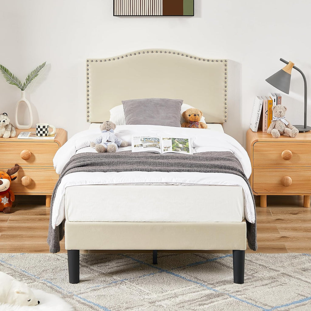 VECELO Twin Bed Frame Platform Bed Frame with Upholstered Headboard, Strong Frame and Wooden Slats Support, Strong Weight Capacity, Non-Slip and Noise-Free, Easy Assembly,Beige