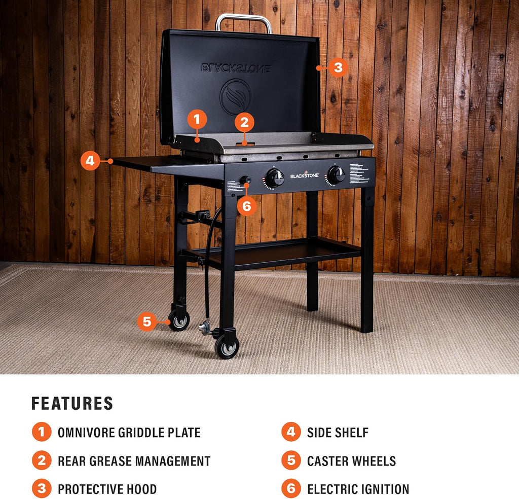 Blackstone Flat Top Gas Grill Griddle 2 Burner Propane Fuelled Rear Grease Management System with hood, Hood, Powder Coated Black, 1517