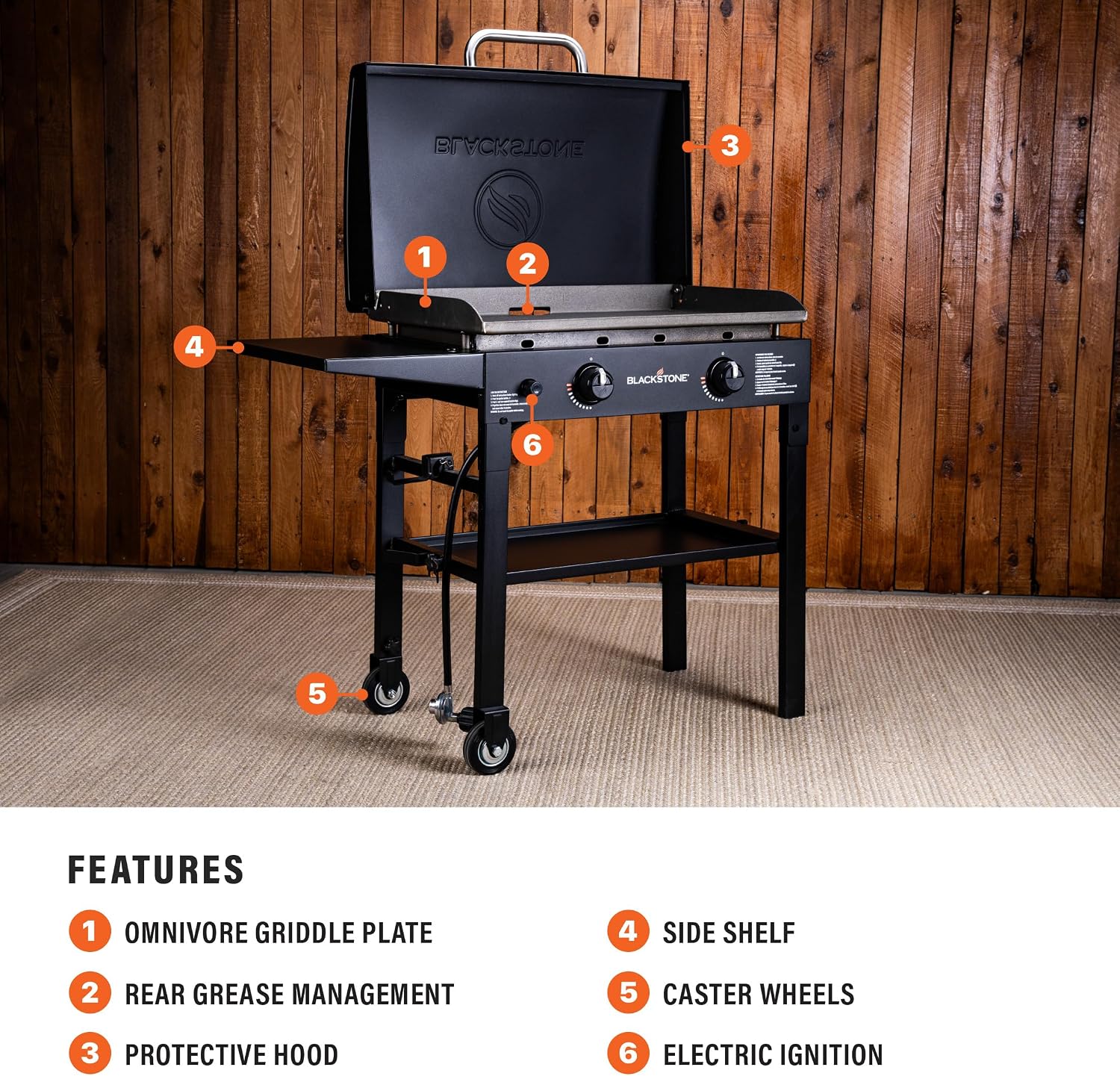 Blackstone Flat Top Gas Grill Griddle 2 Burner Propane Fuelled Rear Grease Management System with hood, Hood, Powder Coated Black, 1517