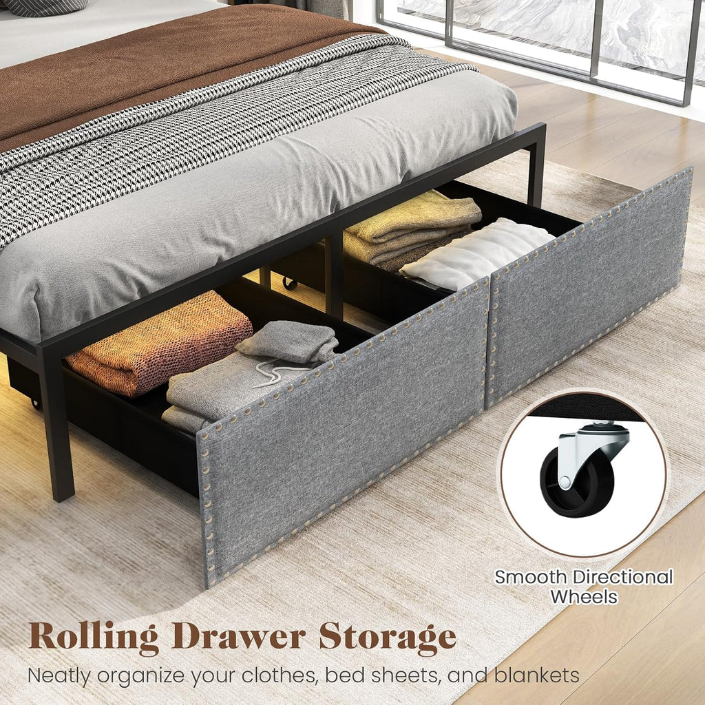 Giantex Queen Bed Frame with LED Lights and 2 Storage Drawers, Upholstered LED Platform Bed with Linen Fabric Headboard, Metal Slats Support, No Box Spring Needed, Light up Bed Frame, Grey