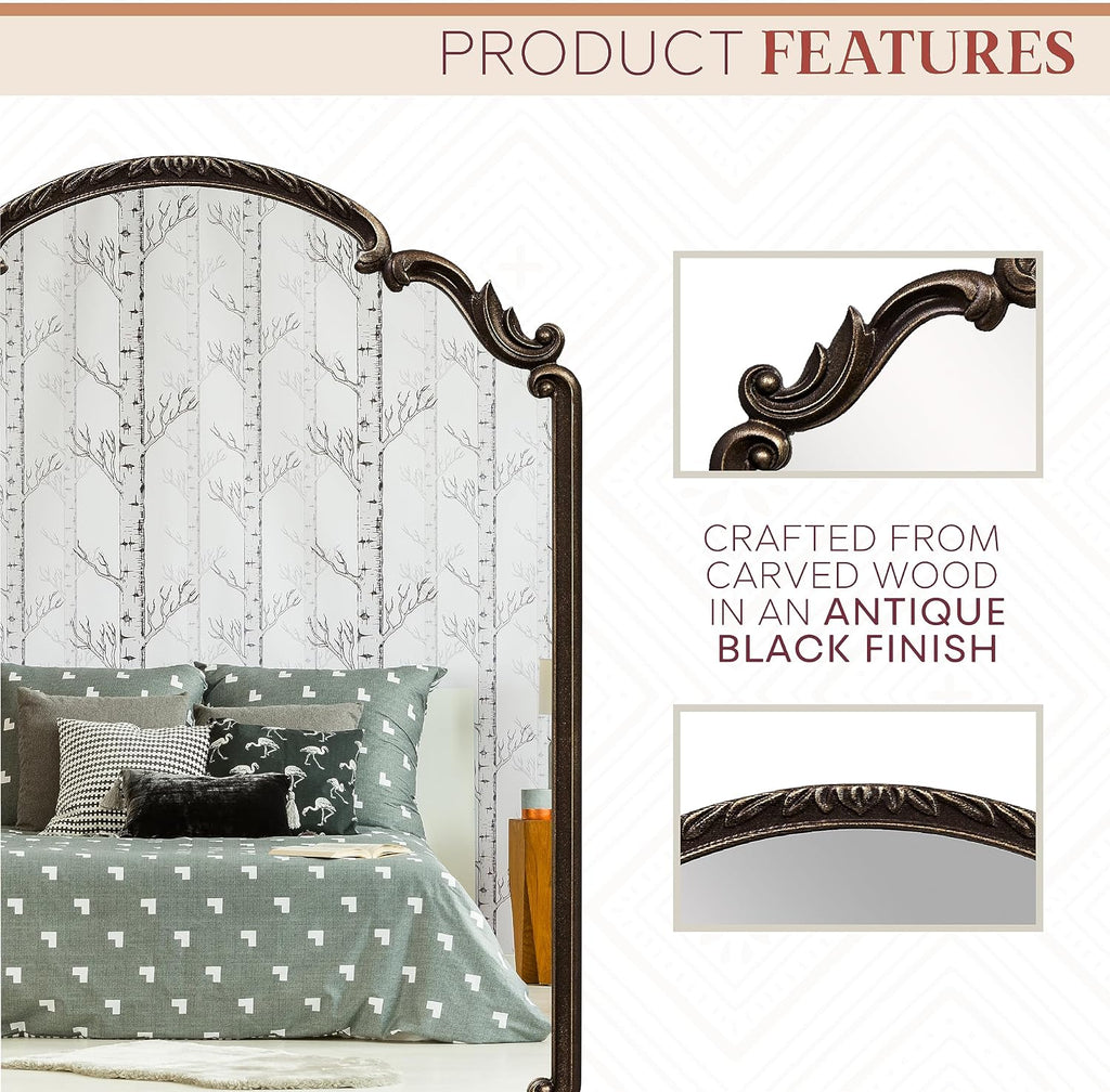 Wylde Iris English Estate Carved Arch Wood Wall Mirror, Mirror for Entryway, Living Room, Bathroom, Antique Black, 22x30