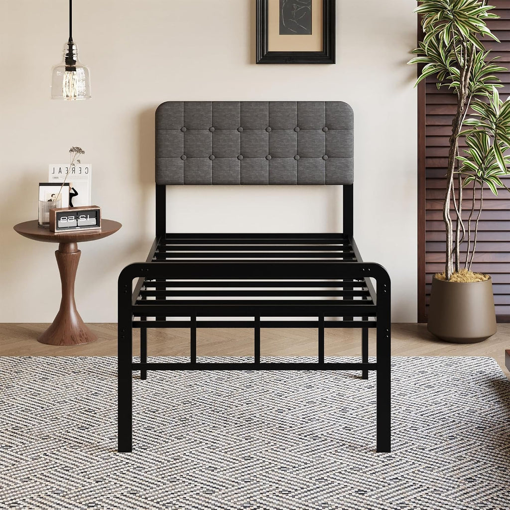 18 Inch Twin XL Bed Frame with Upholstered Headboard and Footboard, Heavy Duty Metal Slats, with Under Bed Storage, No Noise, No Box Spring Needed, Easy Assembly, Black