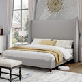 PaPaJet Full Size Bed Frame with 51.2' Wingback Headboard,Line Upholstered Platform Bed,Solid Wood Legs,No Box Spring Needed,Noise-Free&Easy Assembly,for Teen Girls, Dorm, Small Bedroom,Light Grey
