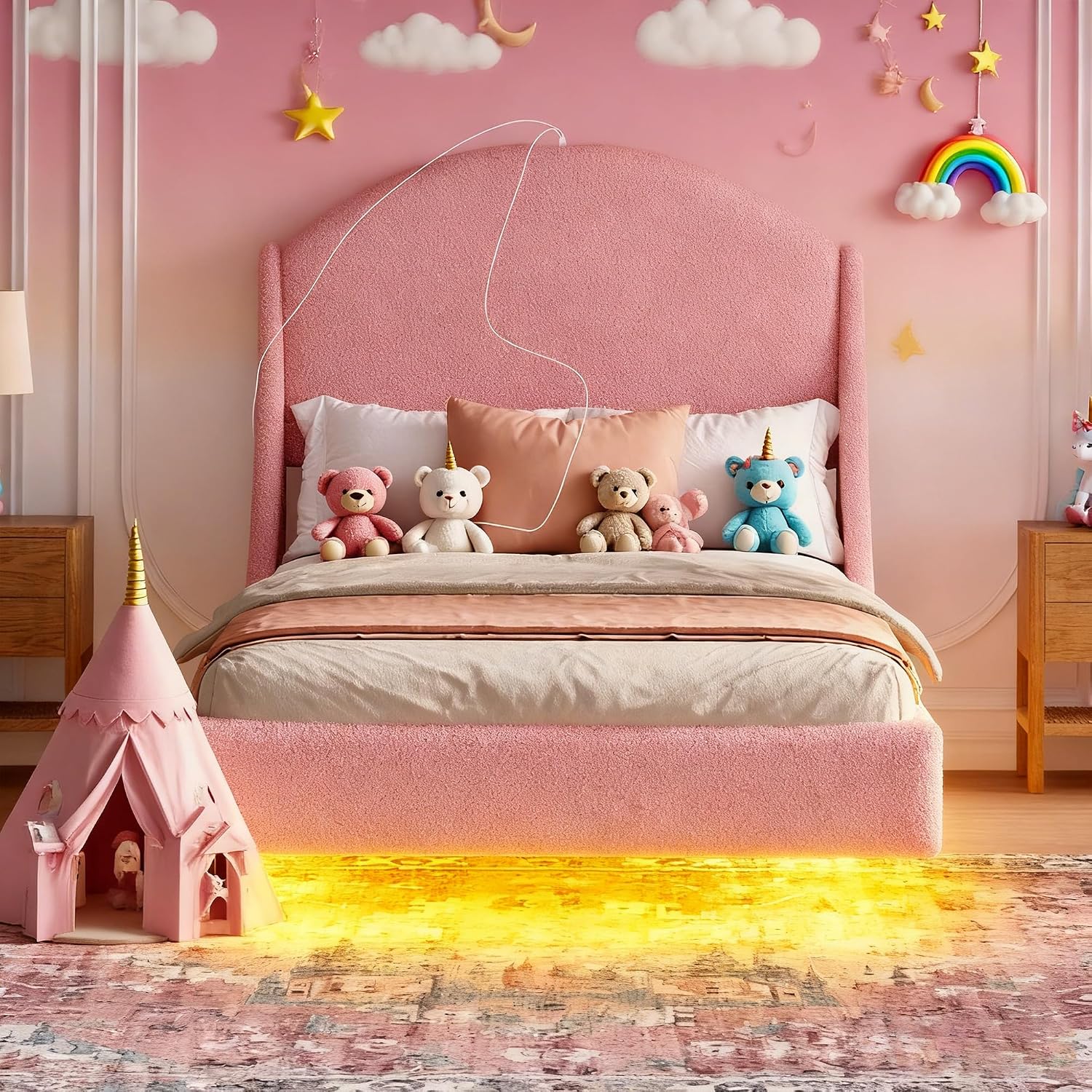 Ailisite Twin Size Floating Bed Frame with Upholstered Headboard and Charging Station, Boucle Platform Bed Frame Queen Size with RGB Led Lights, Strong Wood Slat Support, No Box Spring Needed,Pink