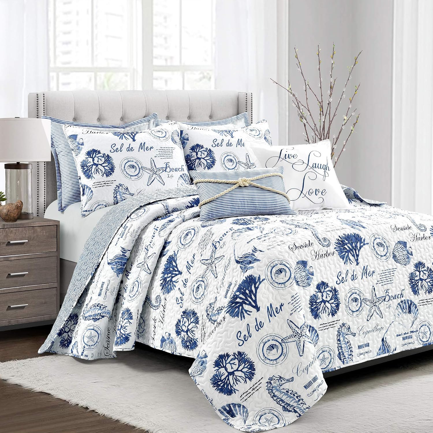 Lush Decor Harbor Life Reversible Quilt Set, 7 Piece Set, Full/ Queen, Indigo - Blue Quilt Queen Bedding Set - Coastal Decor - Nautical Bedding - Beach House