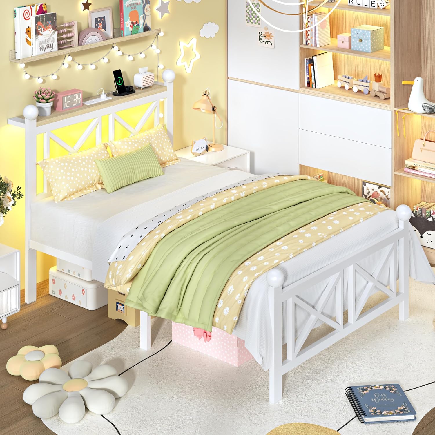 ChicZhiNest Twin Size Bed Frame with Charging Station and LED Lights, Metal Platform Bed with Wood Headboard and Storage Shelf, Underbed Storage, No Box Spring Needed, White