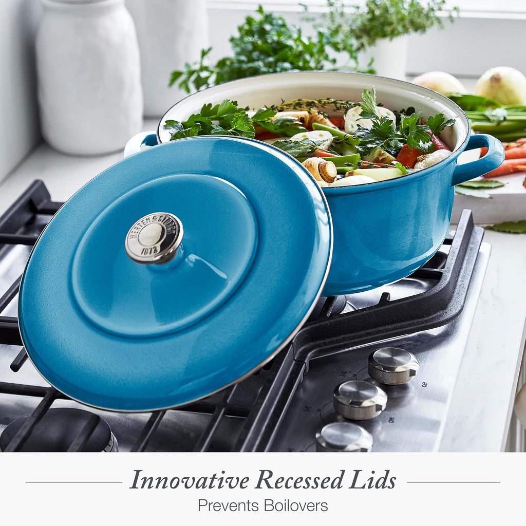 Merten & Storck 3.7QT & 5.5QT Dutch Ovens with Lids, 4 Piece Cookware Set, European Crafted Enameled Iron Stockpot, Induction & All Cooktops, Braising, Stews, Roasting, Slow Cooking, Sourdough, Caribbean Blue