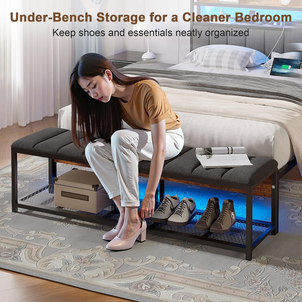 VECELO Queen Size Bed Frame with LED Lights and Bench, Upholstered Headboard Bed Frame with Storage & USB Charging Station, Sturdy Metal Frame, No Box Spring Needed, Grey
