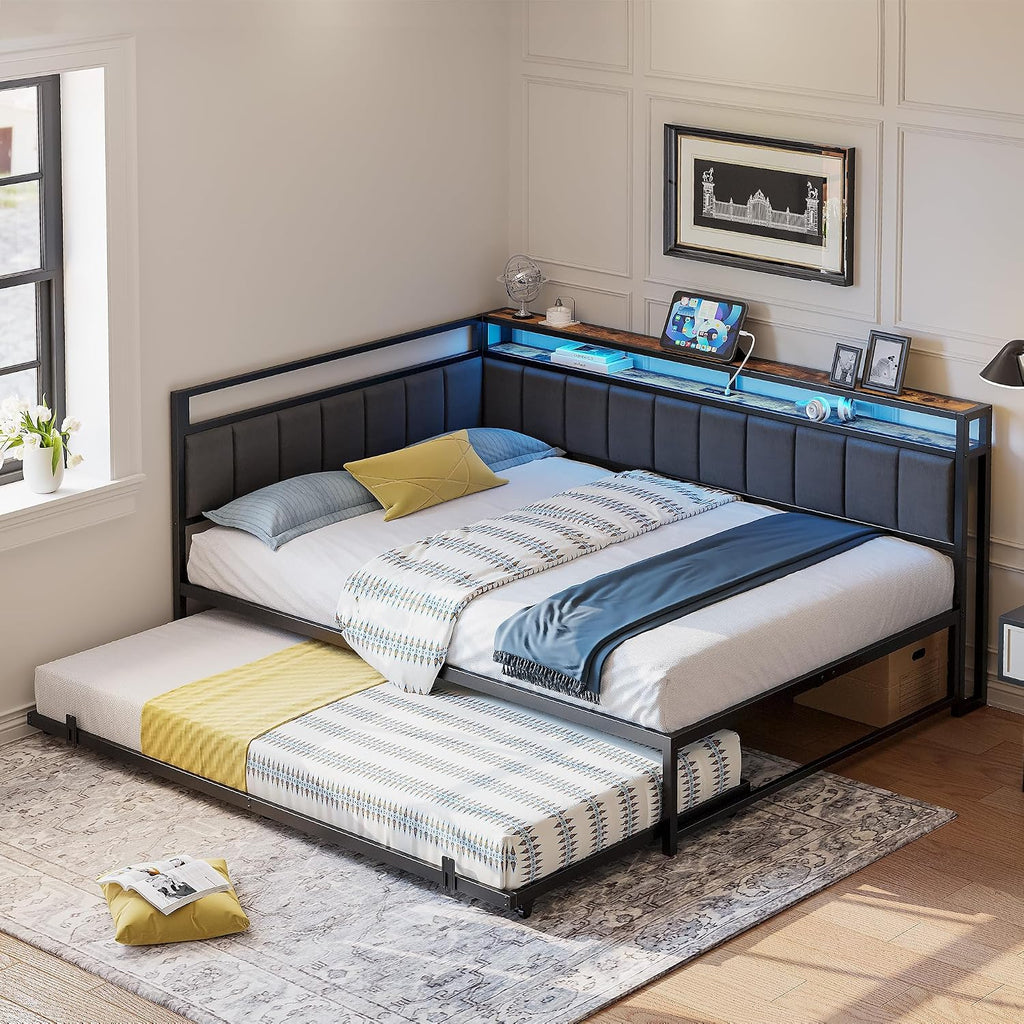 LIKIMIO Corner Twin Bed Frame with Trundle, Upholstered Storage Headboard & LED Lights, Twin Size Daybed with Charging Station, Sturdy Platform Metal Frame for Living Room, Bedroom, Guest Room, Gray