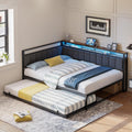 LIKIMIO Corner Twin Bed Frame with Trundle, Upholstered Storage Headboard & LED Lights, Twin Size Daybed with Charging Station, Sturdy Platform Metal Frame for Living Room, Bedroom, Guest Room, Gray