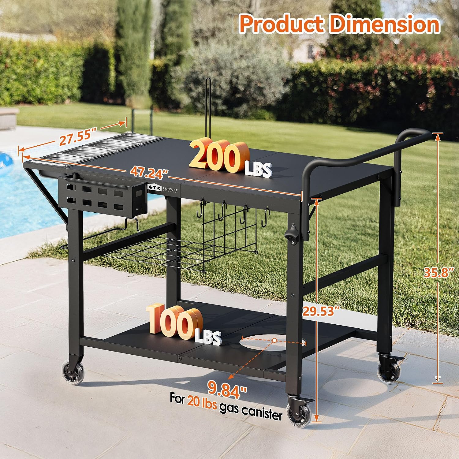 Leteuke Pizza Oven Table, Grill Cart Table for Blackstone Griddle, Outdoor Pizza Oven Stand Fits Ninja, Cuisinart, Gozney, Solo Stove, BBQ Prep Tables Station with Seasoning Tray, 47'x27.5'x30'