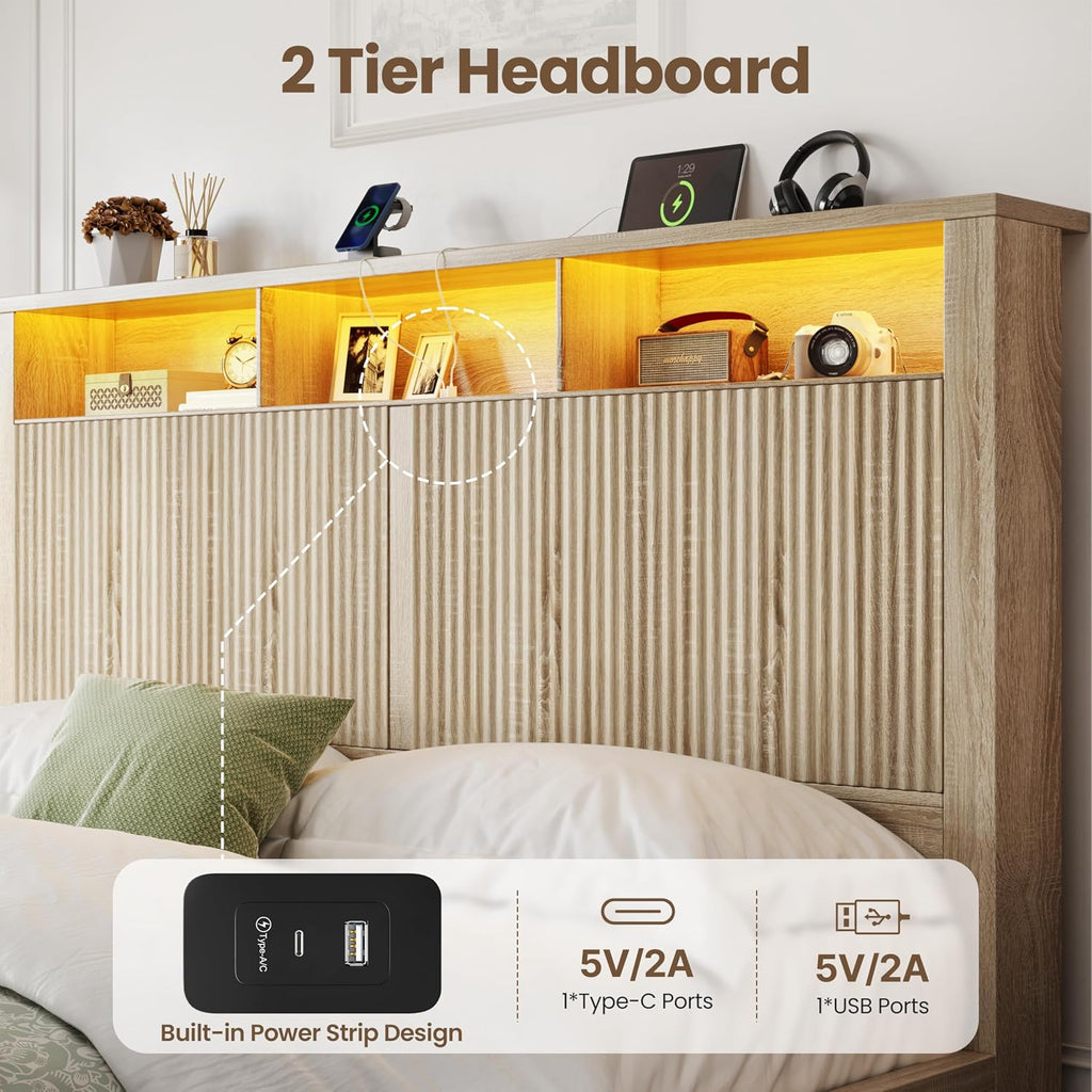 CypBed Full Size Bed Frame with Headboard and Storage Drawer, Full Bed Frame with LED Light and Charging Port, Farmhouse Wavy Wood Design, Wood & Metal Platform, Noise-Free, No Box Spring Needed