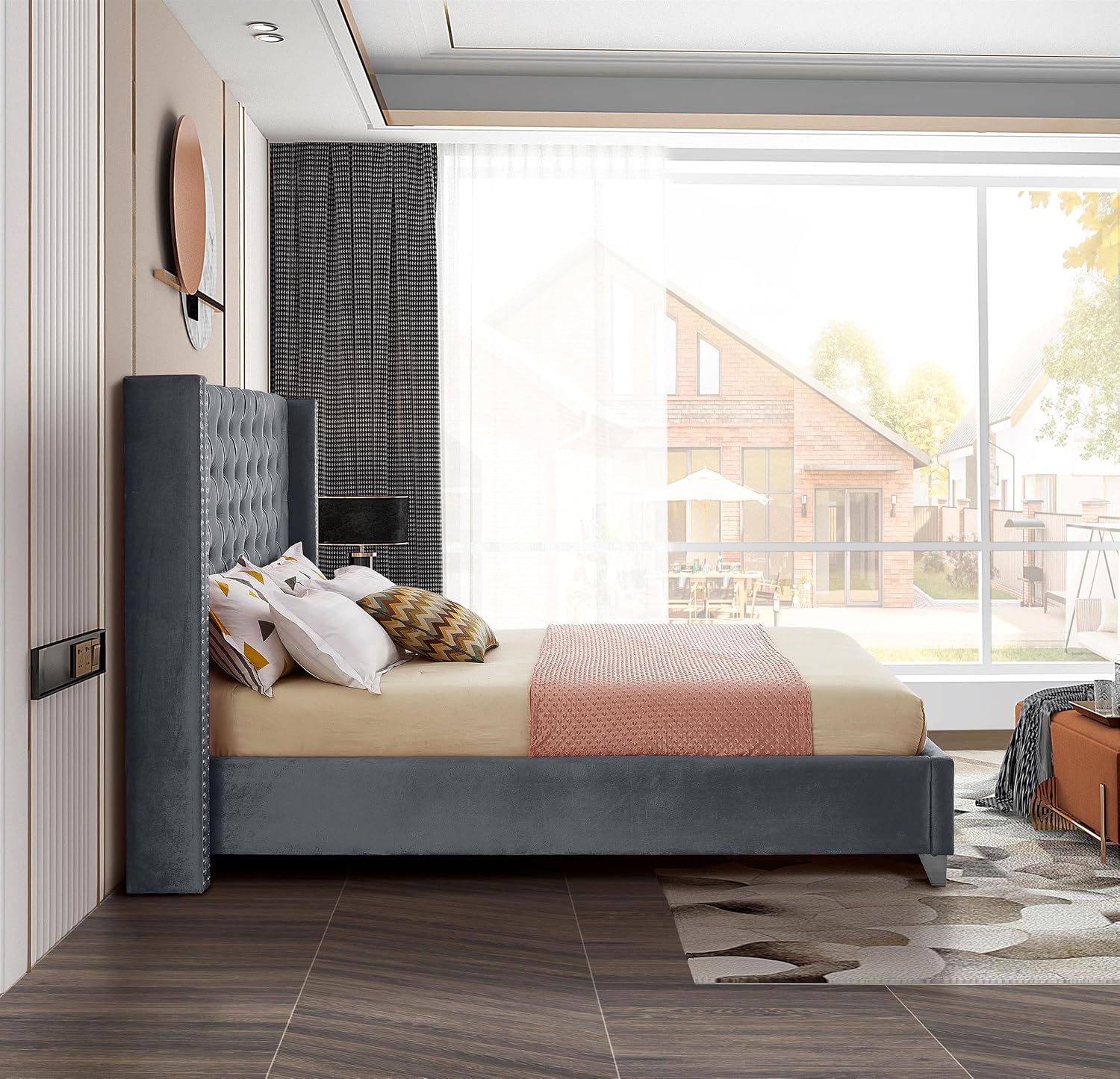 Meridian Furniture Aiden Collection Modern | Contemporary Velvet Upholstered Bed with Deep Button Tufting, Solid Wood Frame, and Custom Chrome Legs, Full, Grey