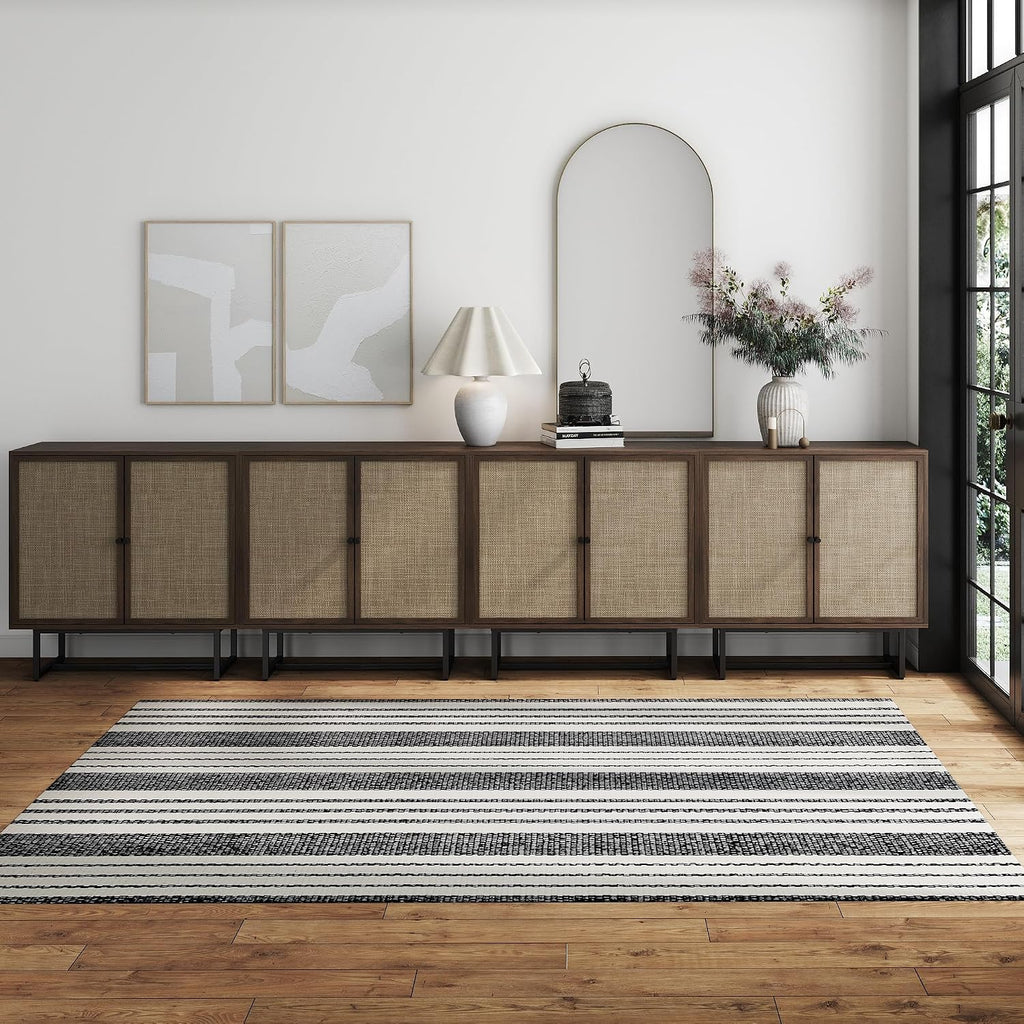 Nathan James Kova Bohemian Rattan Sideboard or TV Stand, Wooden Storage Cabinet with Doors, Walnut Sideboard Buffet or Rattan Accent Storage Cabinet with Matte Black Legs, Set of 4