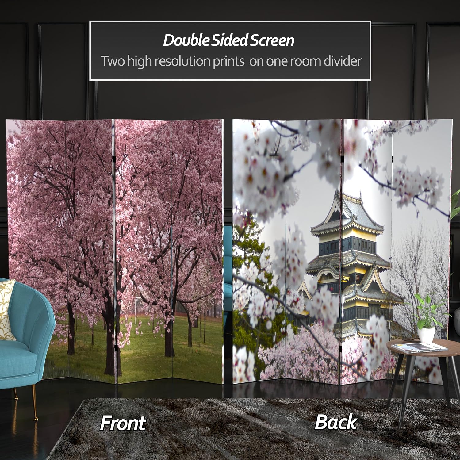 Red Lantern 6 ft. Tall Double Sided Cherry Blossoms Room Divider 4 Panel Freestanding Folding Privacy Screen, Partition, and Separator for Modern and Contemporary Bedroom, Home Office, Studio, Dorm