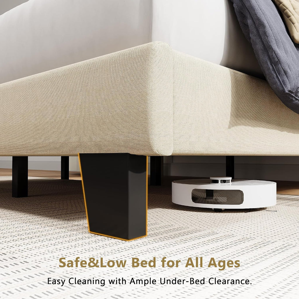 iPormis Full Size Bed Frame, Upholstered Platform Bed with Vertical Linen Headboard, Wide Bed Legs and Strong Wood Slats Support, No Box Spring Needed, Easy Assembly, Noise Free, Beige