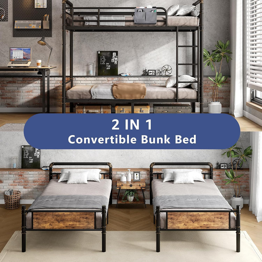 Jocoevol Metal Bunk Bed Twin Over Twin, Industrial Bunkbeds Heavy Duty Bed with Safety Guard Rails and Space-Saving Design, Steel Bed for School, Bedroom (Vintage Brown)