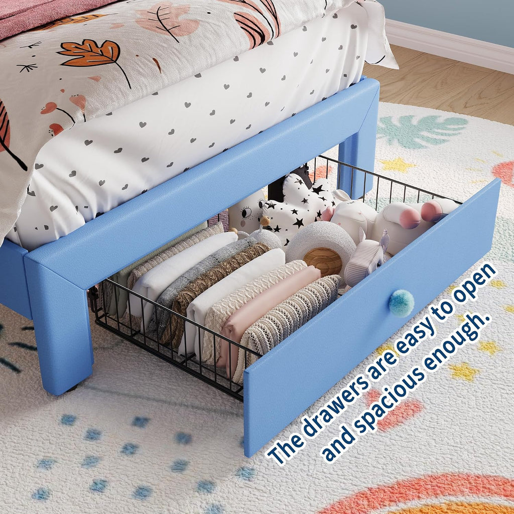 Garvee Twin Size Bed Frame with LED Lights & Velvet Crystal Button Headboard, Upholstered Boy/Girl Platform Bed with Storage Drawer, Noise Free, No Box Spring Needed for Kids, Teens, Blue