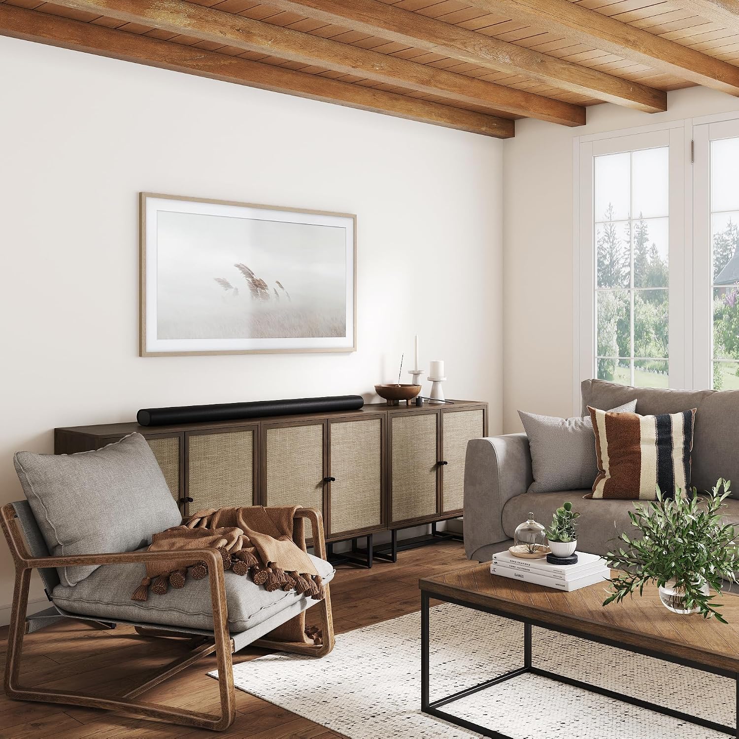 Nathan James Kova Bohemian Rattan Sideboard or TV Stand, Wooden Storage Cabinet with Doors, Walnut Sideboard Buffet or Rattan Accent Storage Cabinet with Matte Black Legs, Set of 3