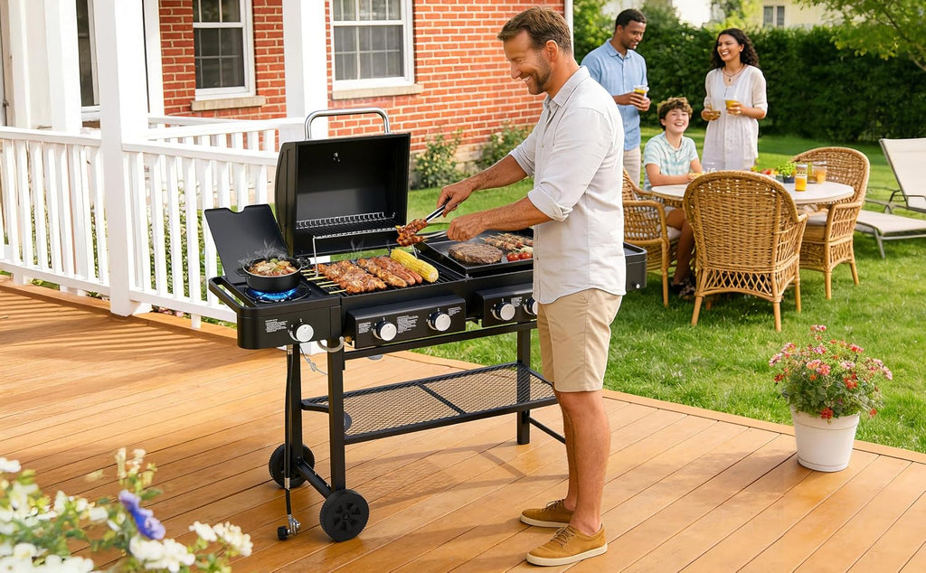 All in One Propane Gas Grill and Griddle Combo, 5 Burners 56000 BTU, 745 Sq.In Cooking Space, Side Burner, Storage Shelves, Wheeled Freestanding Outdoor Grill for Backyard and Patio Cooking