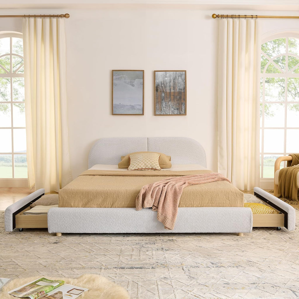 Queen Size Floor Bed Frame with 4 Wheeled Storage Drawer and Tall Curved Headboard, Modern Minimalist Style Upholstered Platform Bed Frame, Wooden Slats Support, Easy Assembly, Beige