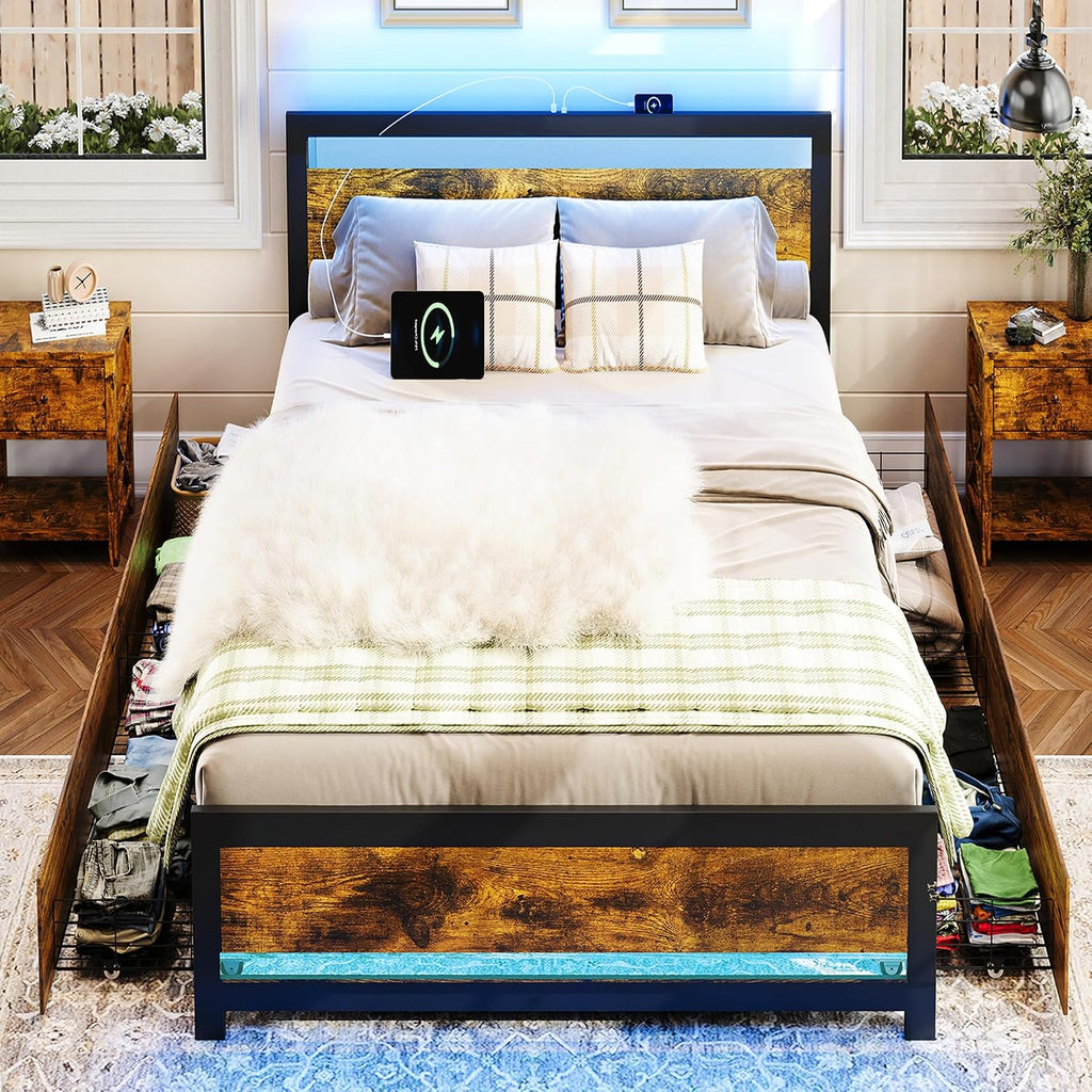 Ailisite Farmhouse Twin Size Bed Frame with Storage and 4 Drawers, Rustic Led Bed Frame with Headboard and Charging Station, Metal Twin Platform Bed Frame No Box Spring Needed, Noise Free, Brown