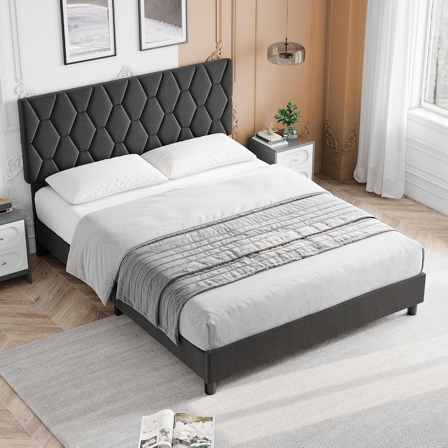 GarveeHome Queen Bed Frame with Upholstered Headboard, Heavy-Duty Platform Bed Frame with Strong Wood Slats, No Box Spring Needed/Noise Free/Easy Assembly, Gray