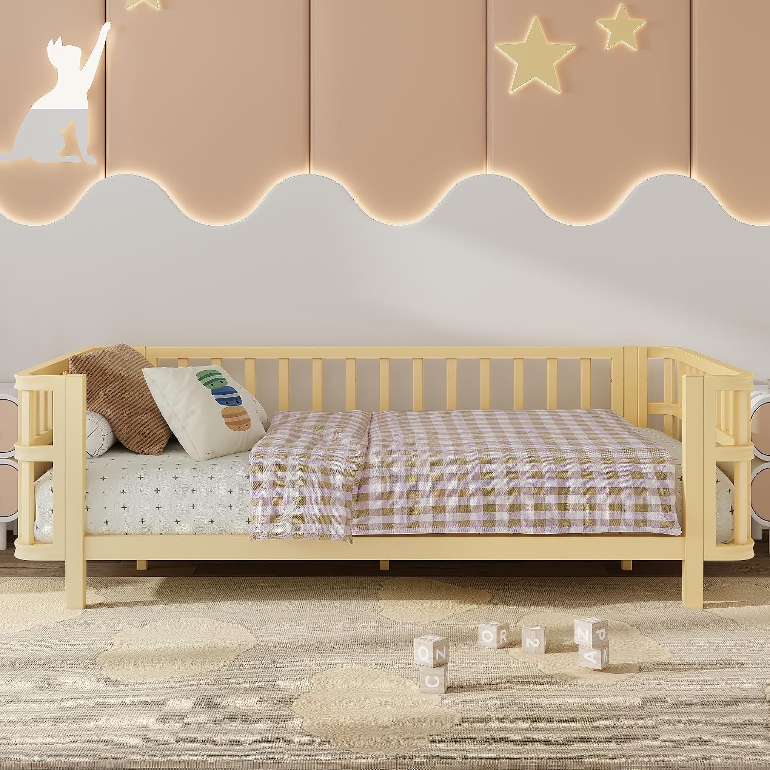 Harper & Bright Designs Twin Size Daybed with Guardrails, Kids Platform Bed with Detachable Safety Rails and Rounded Corners, Modern Iron Low Profile Platform Bed for Kids, Girls and Boys, Natural