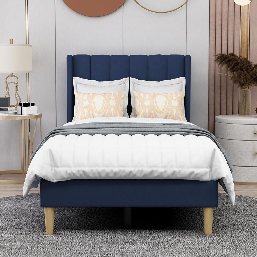 AGARTT Upholstered Platform Bed Frame Twin Size with Headboard and Footboard/Wooden Slats Support/No Box Spring Needed/Easy Assembly,Blue Velvet