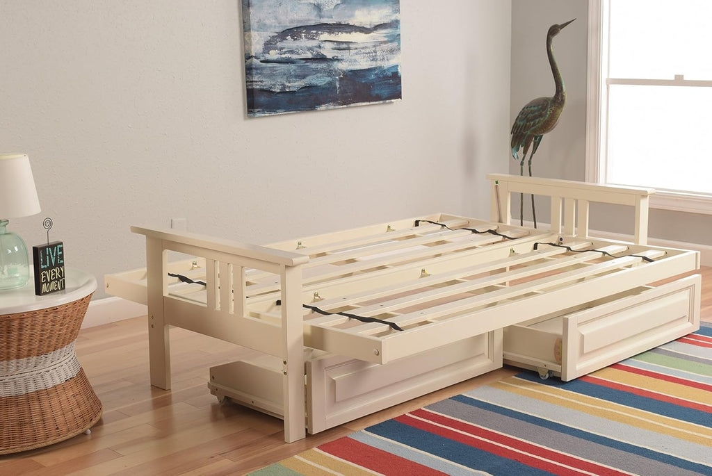 Kodiak Furniture Monterey Futon Set with Storage Drawers, with Antique White Base and Linen Aqua Mattress