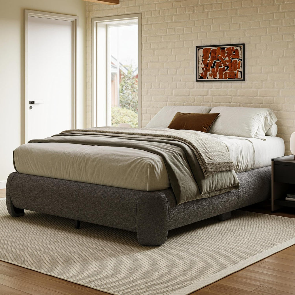 Cloud Bed Frame King Size, Soft Boucle Bed Frame with Round Corner, Upholstered King Size Bed Frame with Heavy Duty Wood Slat, No Box Spring Needed, Easy Assembly, Dark Grey