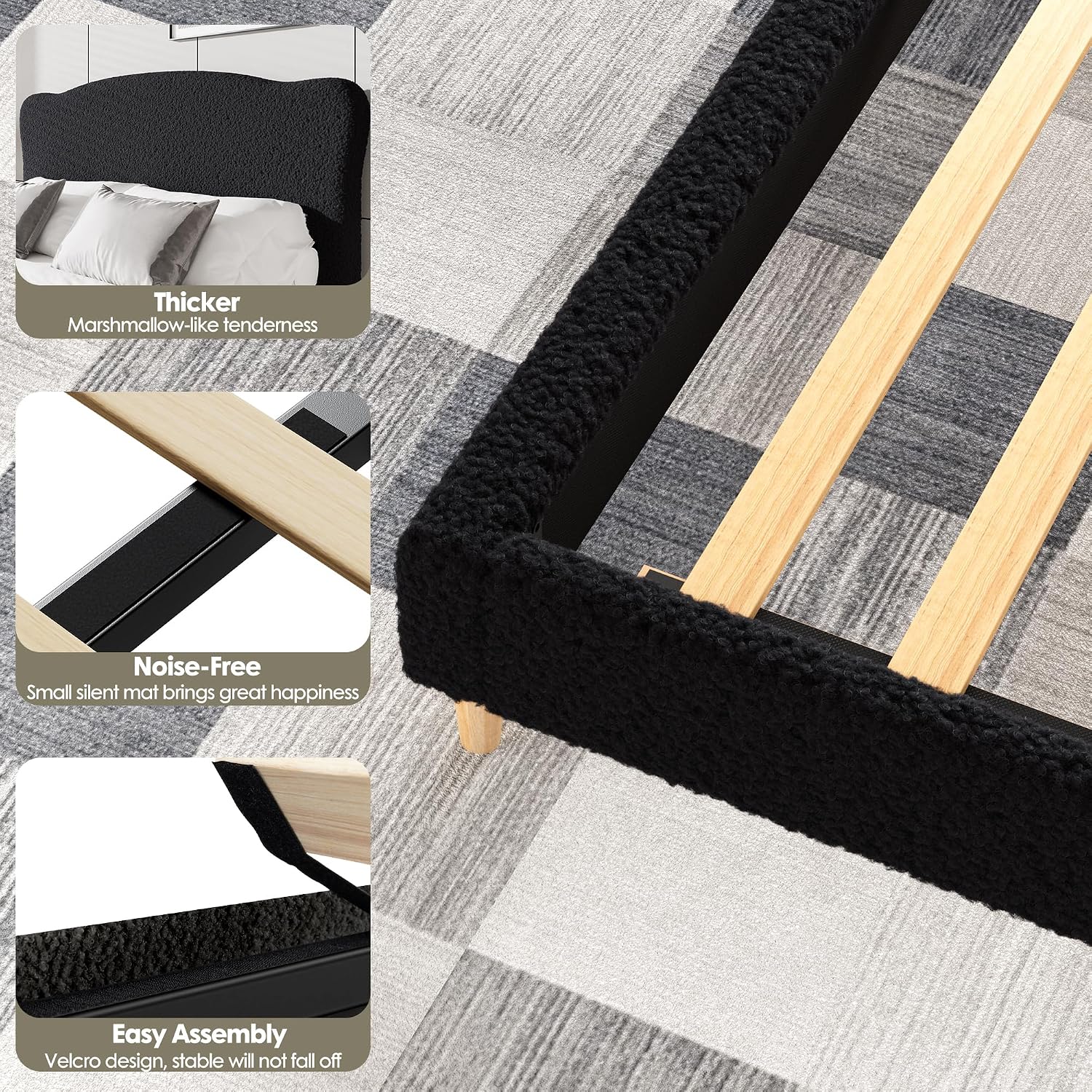GarveeHome Queen Size Bed Frame with Upholstered Headboard, Soft Low Profile Sturdy Platform Bed with Rounded Corners Design, Heavy Duty, Wooden Slats, Noise Free, No Box Spring Needed, Black
