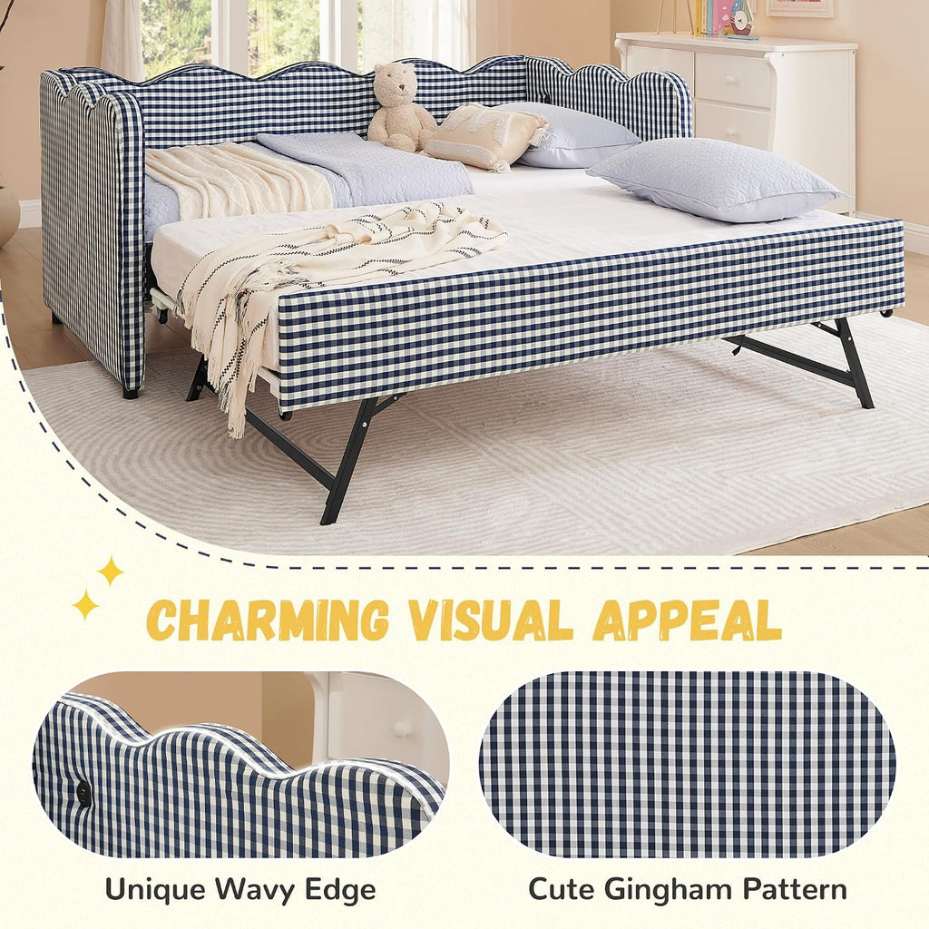 DEINPPA Twin Size Upholstered Daybed with Trundle, Gingham Daybed with USB Ports for Bedroom Living Room Guest Room-Navy