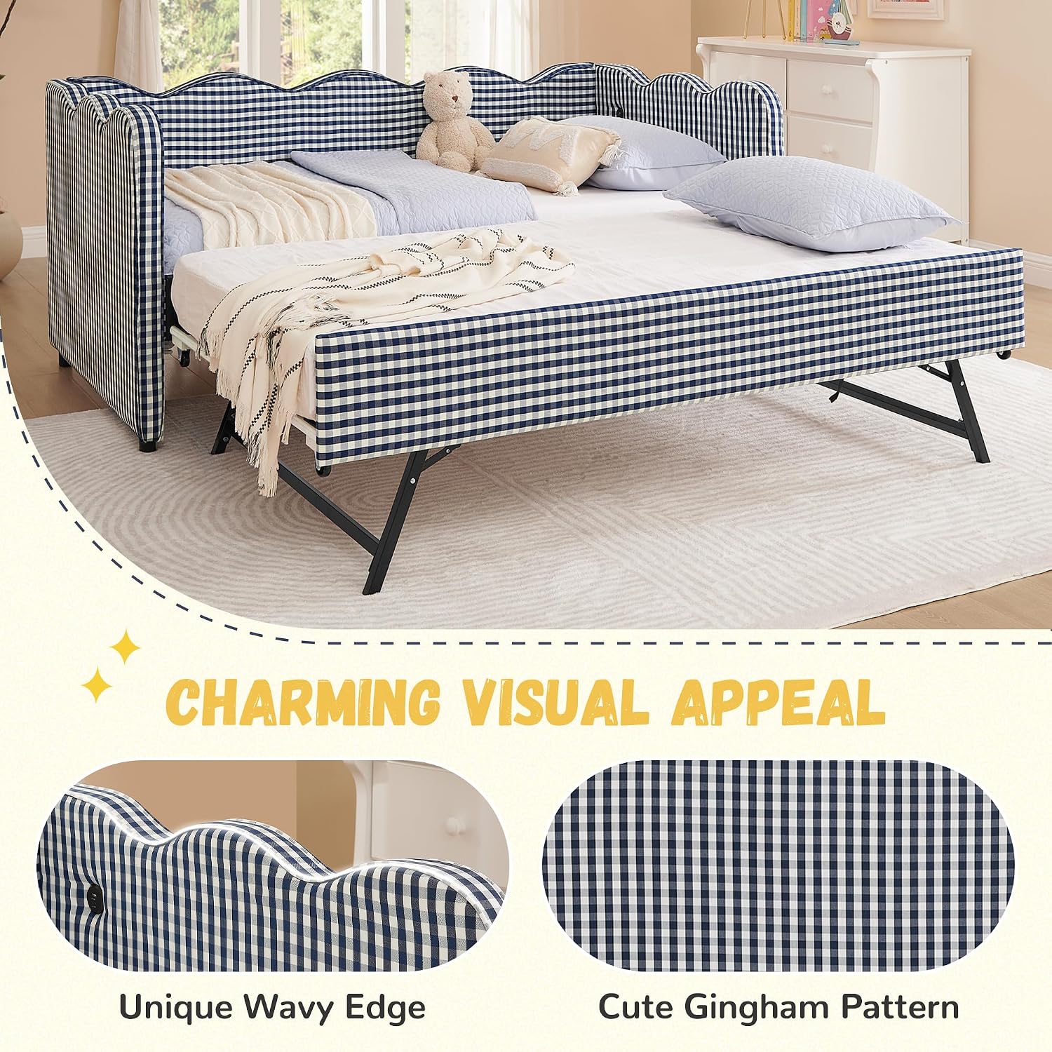 DEINPPA Twin Size Upholstered Daybed with Trundle, Gingham Daybed with USB Ports for Bedroom Living Room Guest Room-Navy