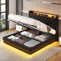 Ailisite Lift Up Storage Bed Full, Bed Frame Full Size with Charging Station & Led Lights, Upholstered Storage Bed with Wingback 2-Tier Bookcase Headboard, Hydraulic Lift, No Box Spring Needed,Black