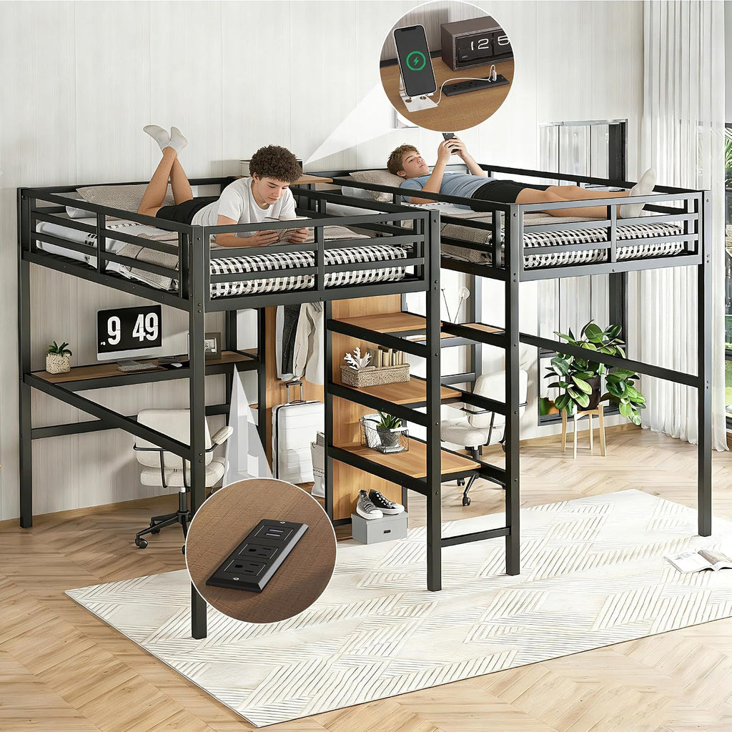 Bellemave Twin Over Twin Metal Loft Bed with Desk and Wardrobe for 2 Kids,Twin Size Heavy Duty Double Loft Bed Frame with Charging Station and Shelves for Boys,Girls,Adults,Woodgrain