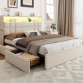 OURPIC Queen Bed Frame with 4 Storage Drawers & Headboard, Upholstered Platform Bed Frame Queen Size with Charging Station & LED Lights, No Box Spring Needed, Metal Slats Support, Noise Free, Beige