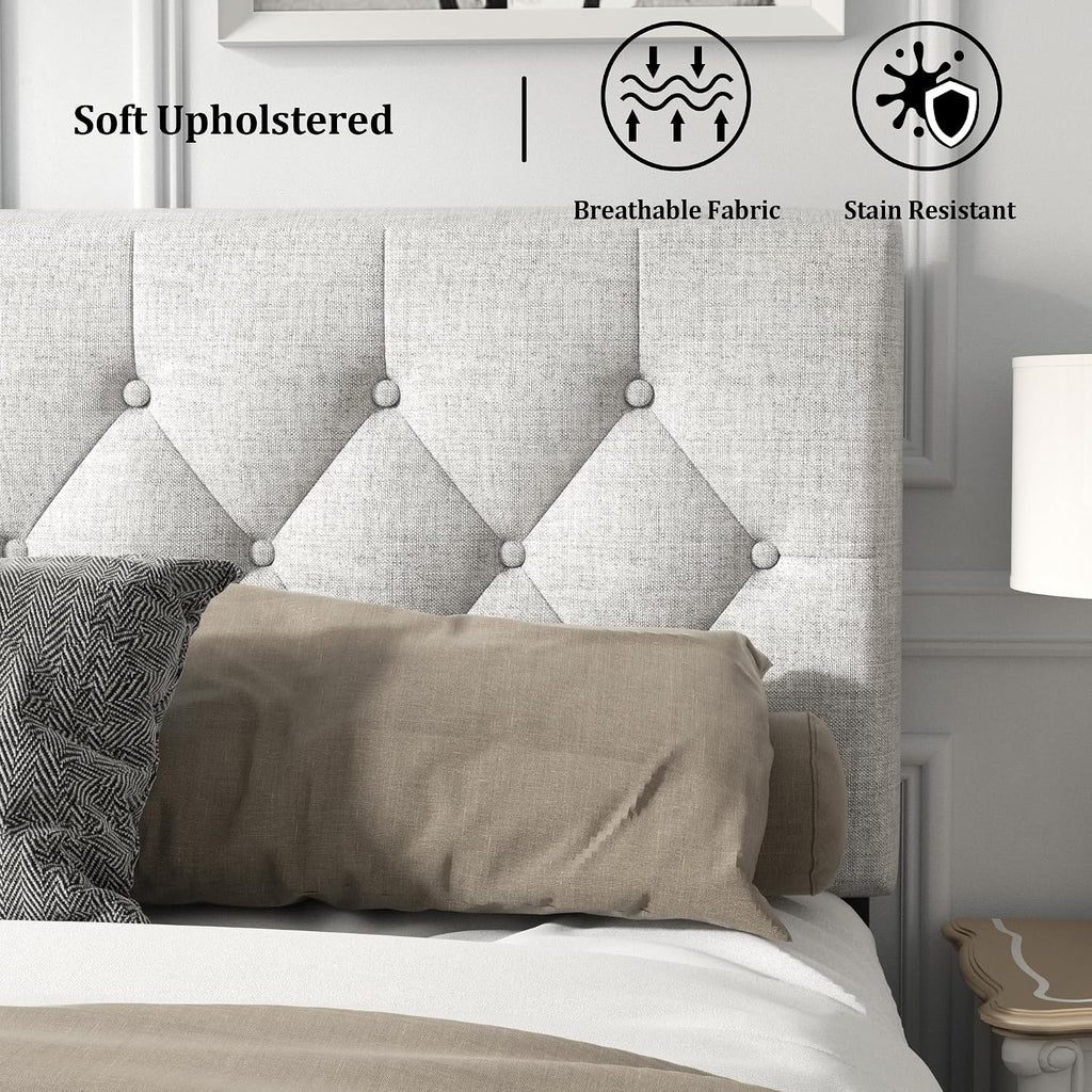 HAOARA King Size Platform Bed Frame with Upholstered Button Tufted Headboard, Mattress Foundation with Wooden Slat Support, Noise Free, No Box Spring Needed, Easy Assembly, Light Grey