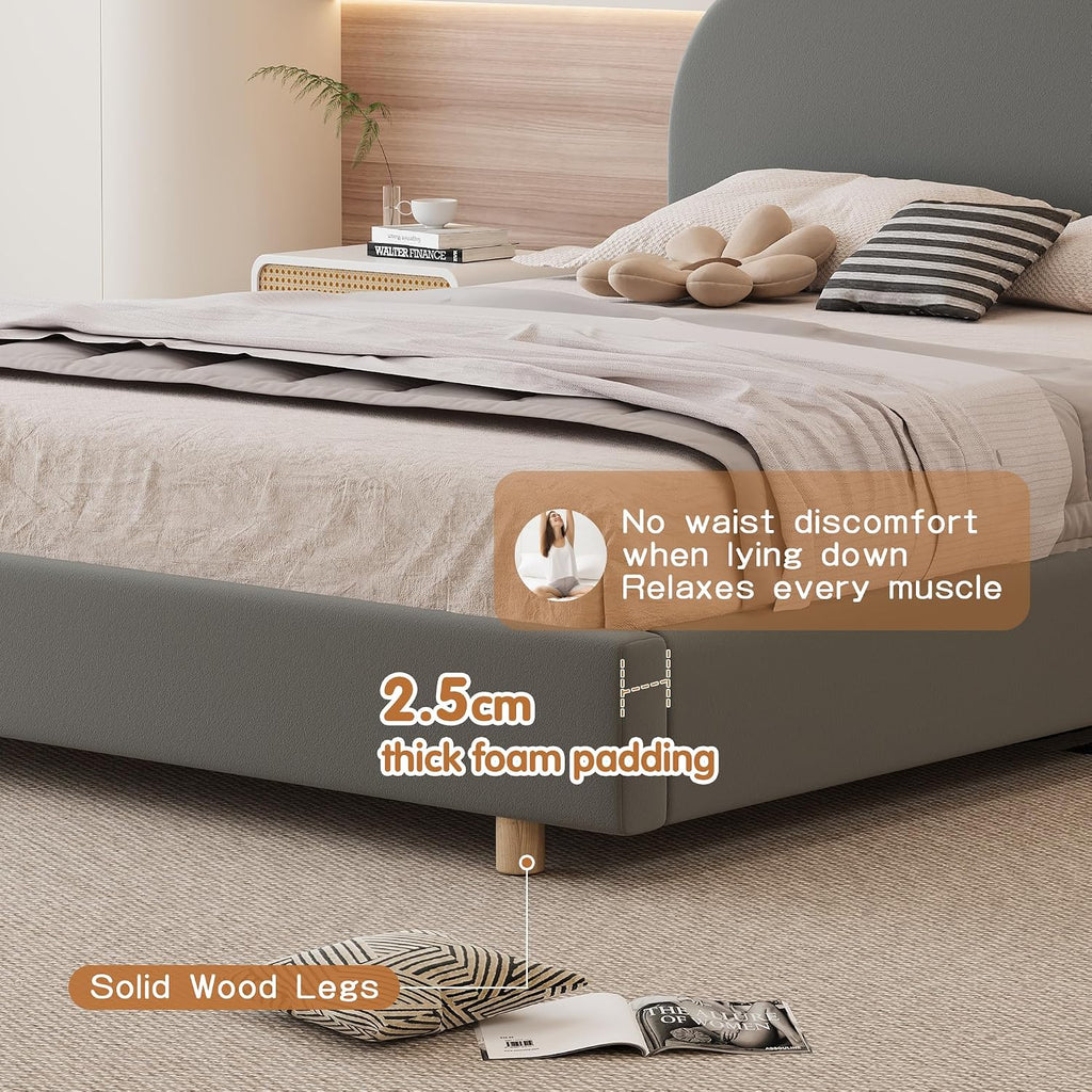 Luxurious Velvet Queen Size Upholstered Platform Bed, Modern Solid Bed Frame with Curve-Shaped Design and Thick Headboard for Bedroom, Easy 15-30 min Assembly,Grey