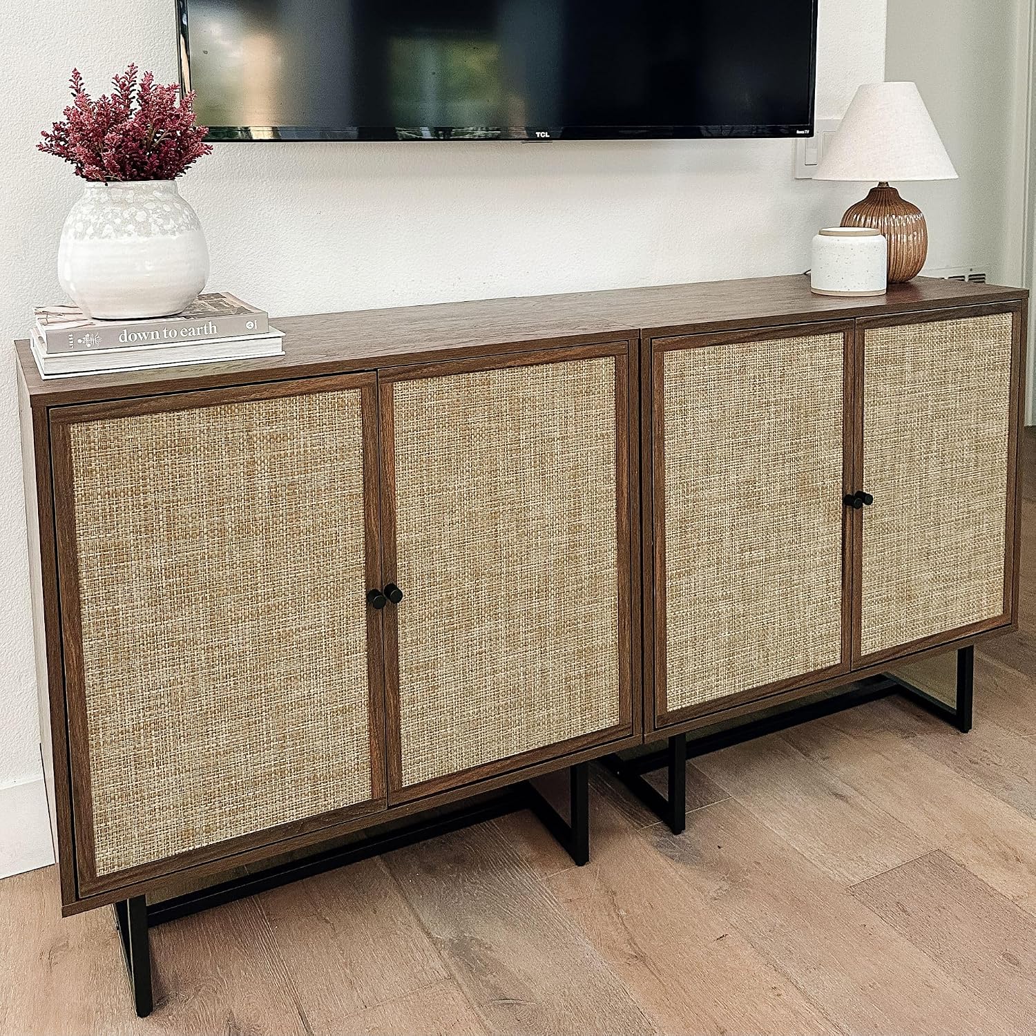 Nathan James Kova Bohemian Rattan Sideboard or TV Stand, Wooden Storage Cabinet with Doors, Walnut Sideboard Buffet or Rattan Accent Storage Cabinet with Matte Black Legs, Set of 4