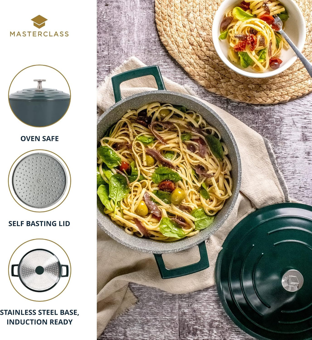Master Class Large Casserole Dish with Lid, Lightweight Cast Aluminium, Induction Hob and Oven Safe, Hunter Green Colour, 5 Litre/28 cm