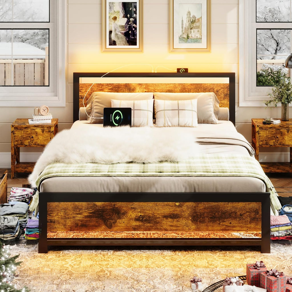 Ailisite King Size Bed Frame with 4 Storage Drawers, Rustic Farmhouse Wood Bed Frame with Headboard and Charging Station, Metal King Platform Bed with Led Lights, No Box Spring Needed, Noise Free