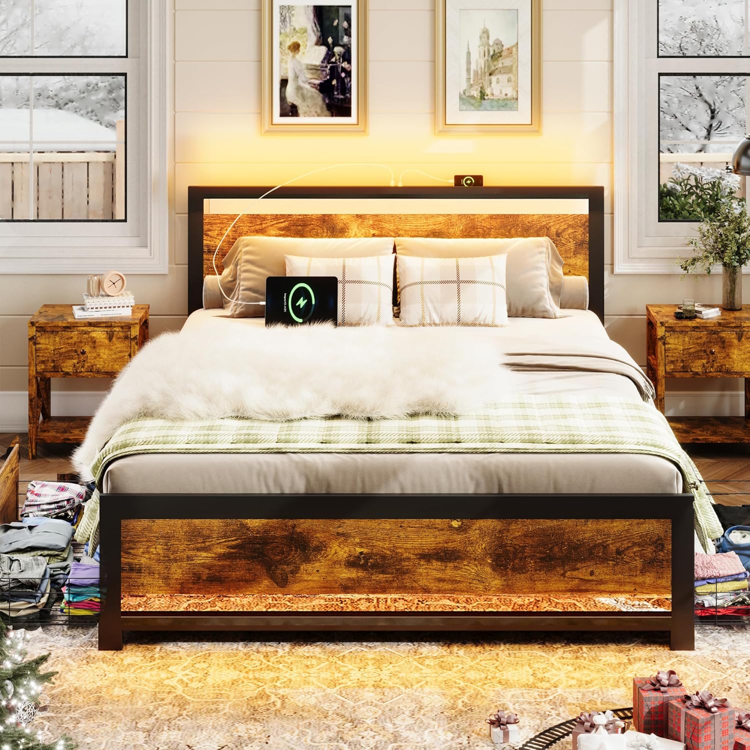 Ailisite King Size Bed Frame with 4 Storage Drawers, Rustic Farmhouse Wood Bed Frame with Headboard and Charging Station, Metal King Platform Bed with Led Lights, No Box Spring Needed, Noise Free