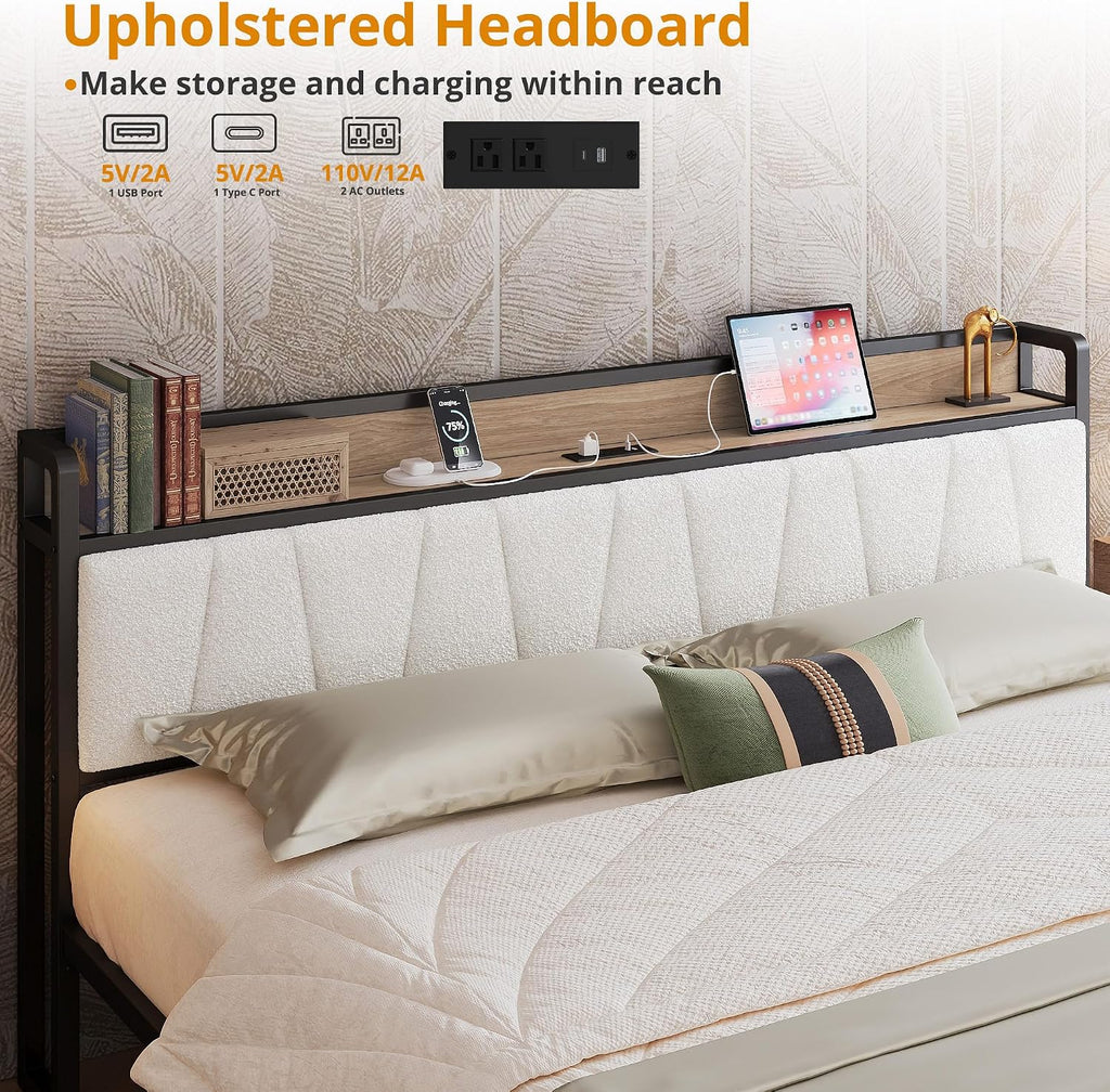 LIKIMIO Queen Size Bed Frame, Storage Headboard with Charging Station, Platform Bed with Drawers, No Box Spring Needed, Easy Assembly, Wood and Cream