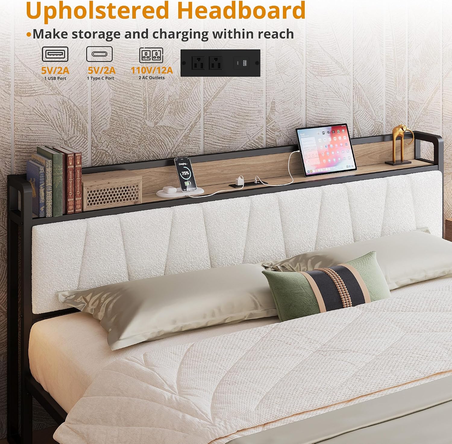 LIKIMIO King Size Bed Frame, Storage Headboard with Charging Station, Platform Bed with Drawers, No Box Spring Needed, Easy Assembly, Wood and Cream