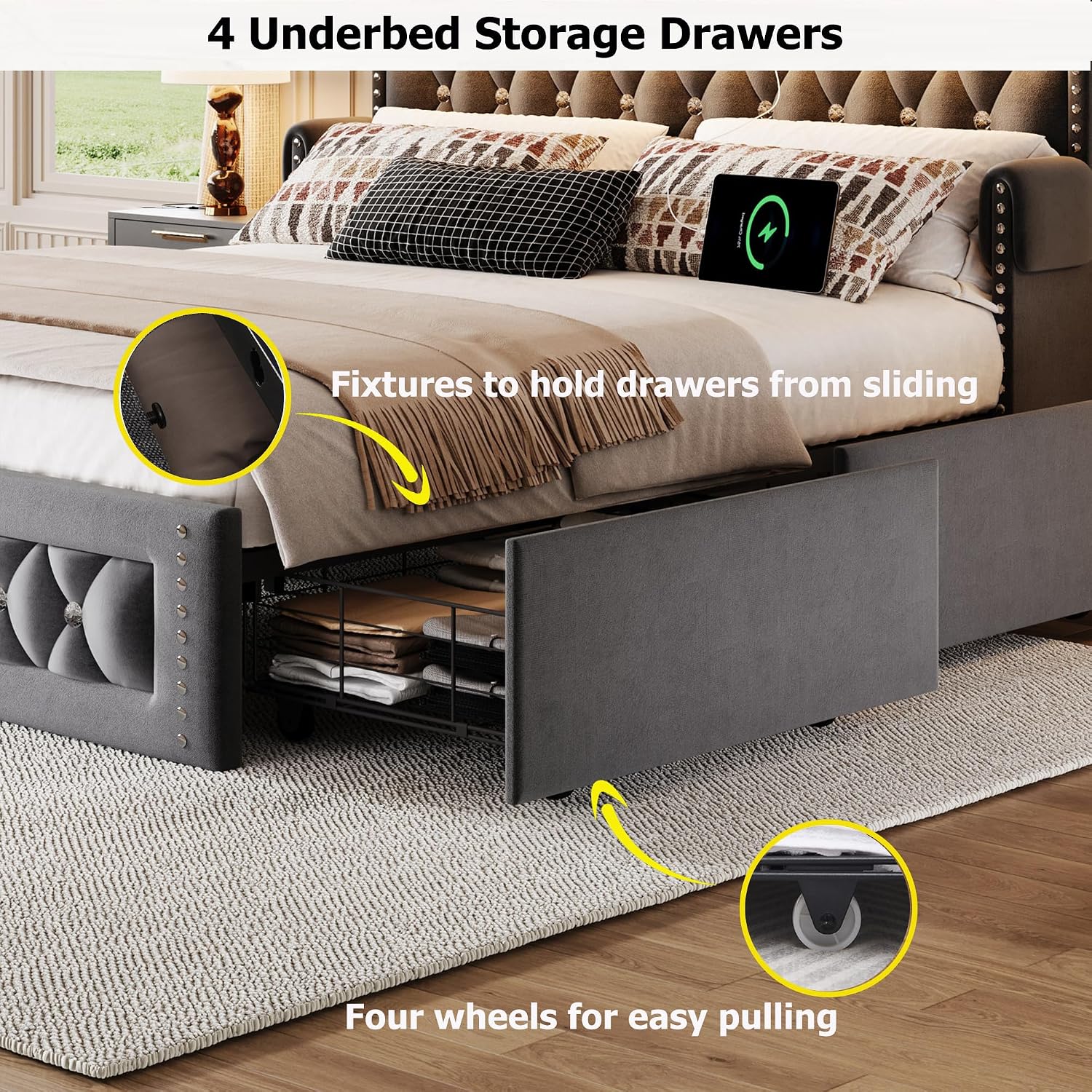 Ailisite Full Size Bed Frame with 4 Storage Drawers and RGB Led Lights,Velvet Upholstered Full Platform Bed with Charging Station and Bookcase Storage Headboard, with Crystal and Rivet Deco, Grey