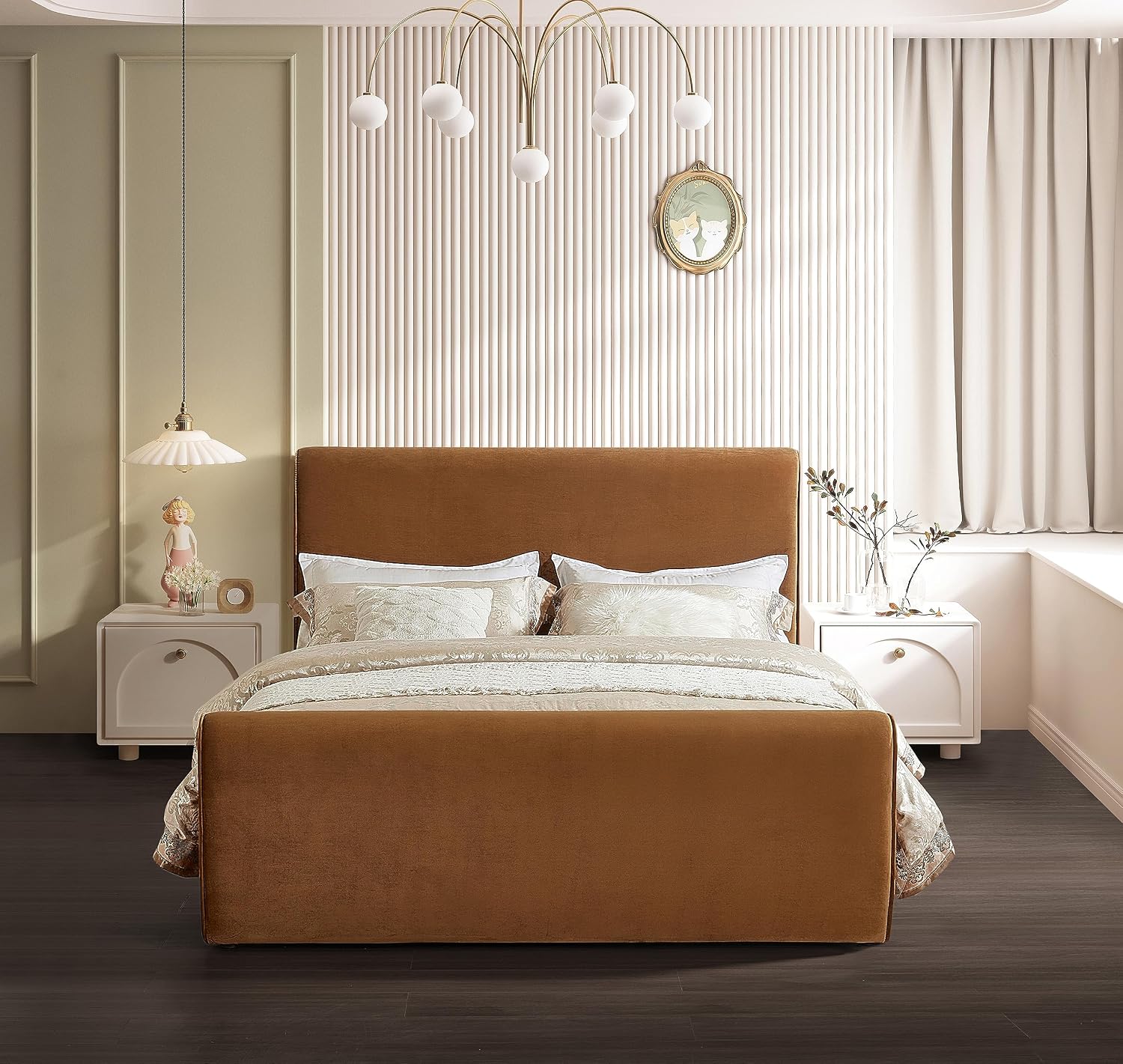 Meridian Furniture SloanSaddle-F Sloan Collection Modern | Contemporary Velvet Upholstered Full Bed with Rich Soft Saddle Velvet, Curved Headboard and Footboard, 59.5' W x 92' D x 45' H, Saddle, Full