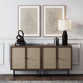 Nathan James Kova Bohemian Rattan Sideboard or TV Stand, Wooden Storage Cabinet with Doors, Walnut Sideboard Buffet or Rattan Accent Storage Cabinet with Matte Black Legs, Set of 2